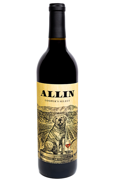 A wine bottle labeled ALLIN Coopers Select featuring a drawing of a dog sitting on a wine barrel.