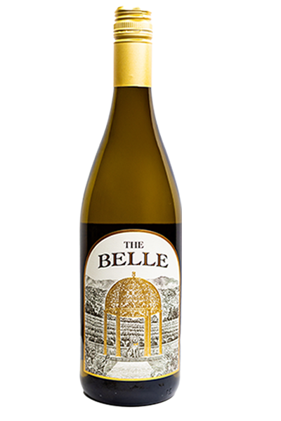 A bottle of The Belle white wine with a gold cap and a vineyard illustration on the label.