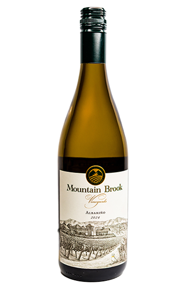 A bottle of Mountain Brook Vineyards Albariño 2021 wine with a vineyard illustration on the label.